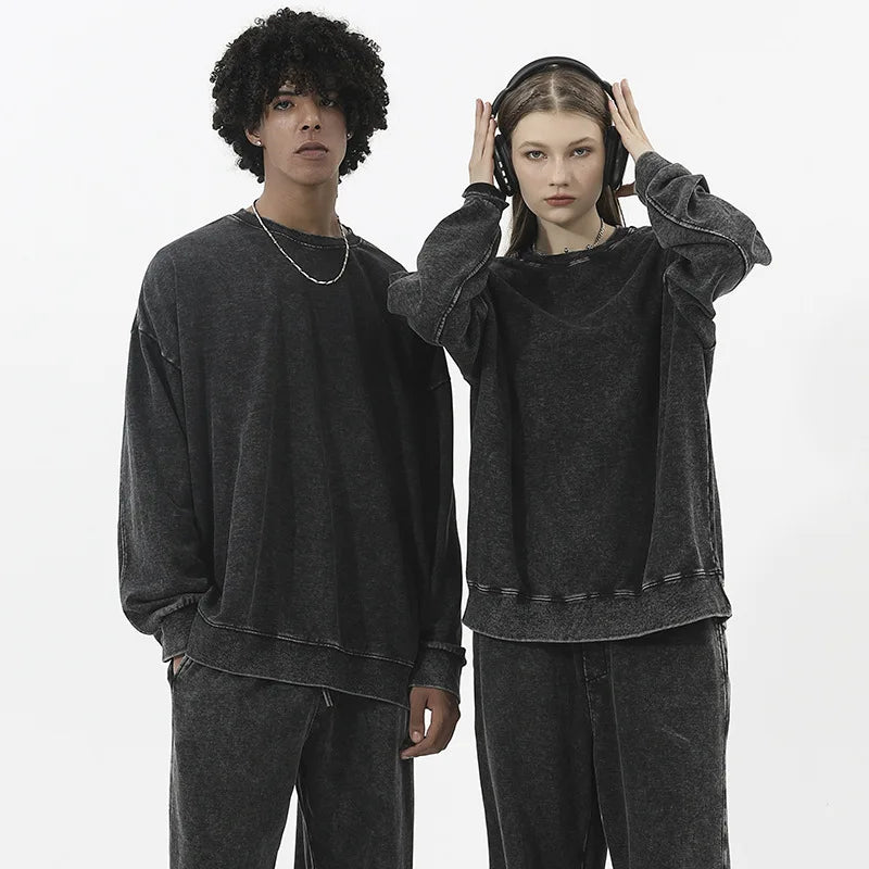 Heavy 350 Grams to Make Old Washed Round Neck Solid Color Sweater for Men and Women With Retro Matte Loose Pullover Sweater.