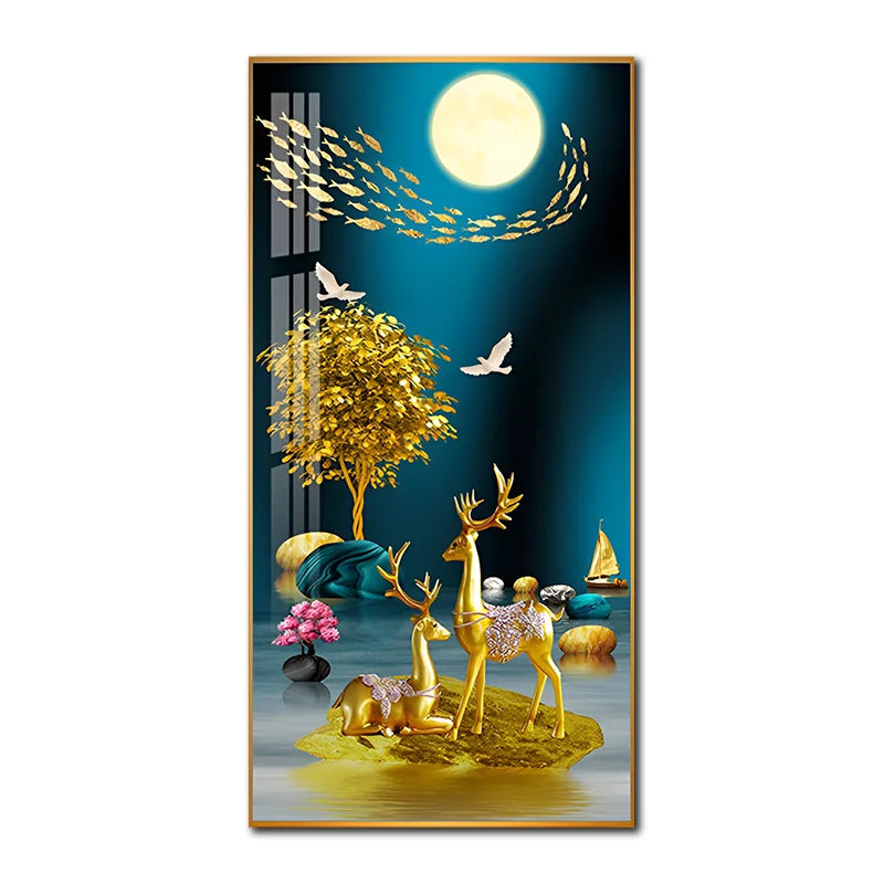 Nordic Decoration Luxury Elk Crystal Porcelain Painting Art Black Frame Print for Bedroom Office Hotel Use
