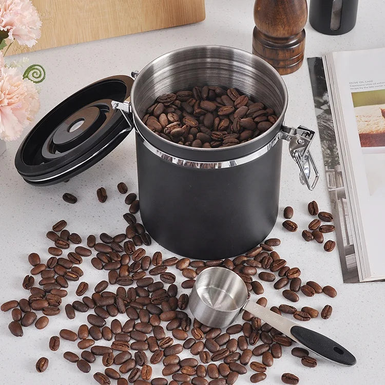 1500ML Tea Canister Tea Sugar Coffee Canisters Traditional Airtight Co2 Value Coffee Canister Metal With Date Tracker With Spoon