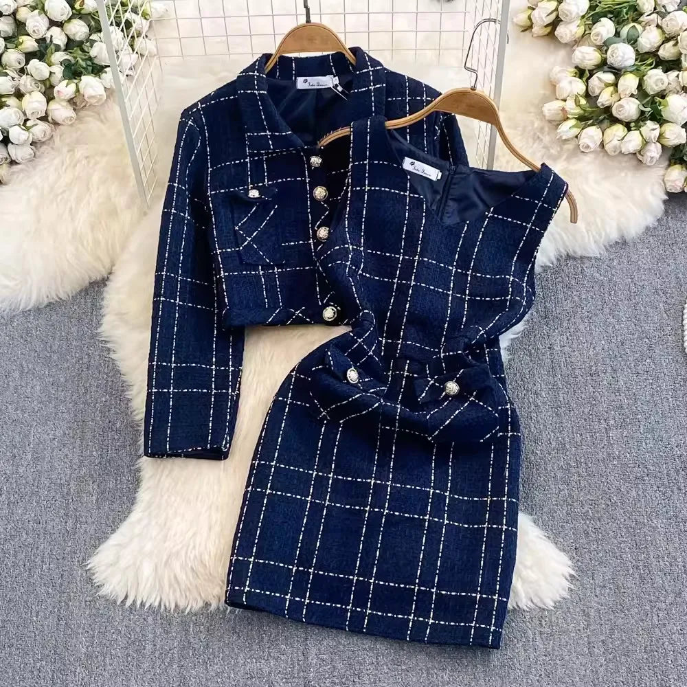 S-2XL Autumn and Winter Temperament Long Sleeved Tweed Jacket With Waistband Vest and Buttocks Wrapped Dress Two Piece Set