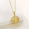 Tarnish Free Stainless Steel 18k Gold Plated Chokers Necklace Luxury Zircon Round Hollow Out Carved Tree Pendant Necklace