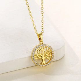 Tarnish Free Stainless Steel 18k Gold Plated Chokers Necklace Luxury Zircon Round Hollow Out Carved Tree Pendant Necklace