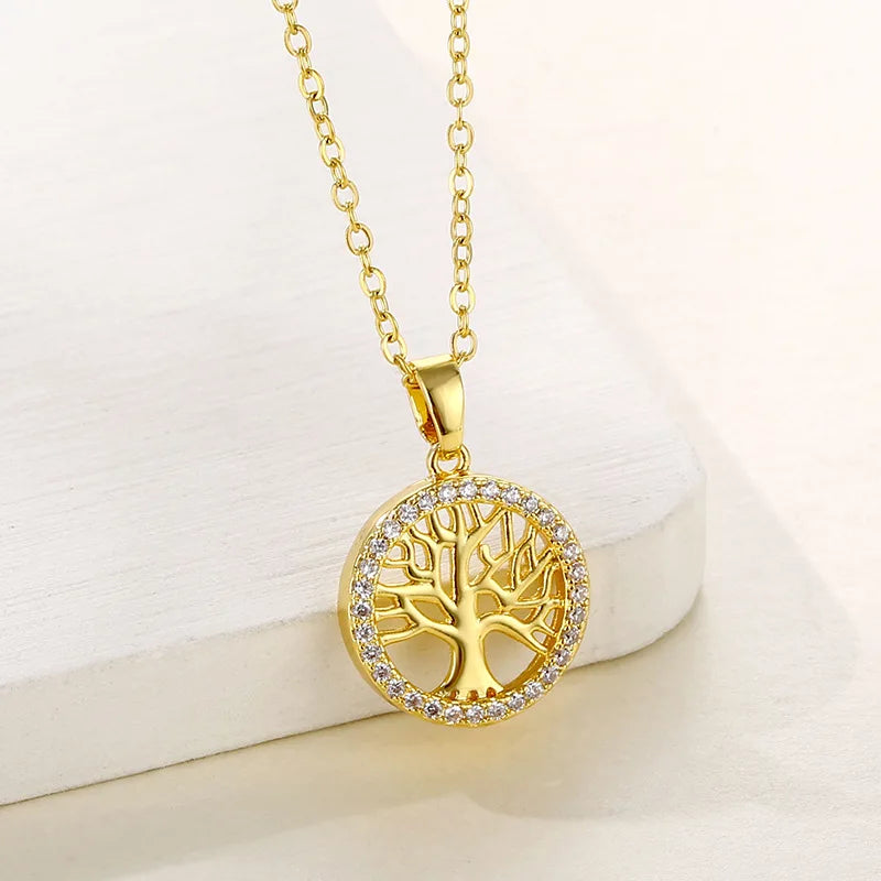 Tarnish Free Stainless Steel 18k Gold Plated Chokers Necklace Luxury Zircon Round Hollow Out Carved Tree Pendant Necklace