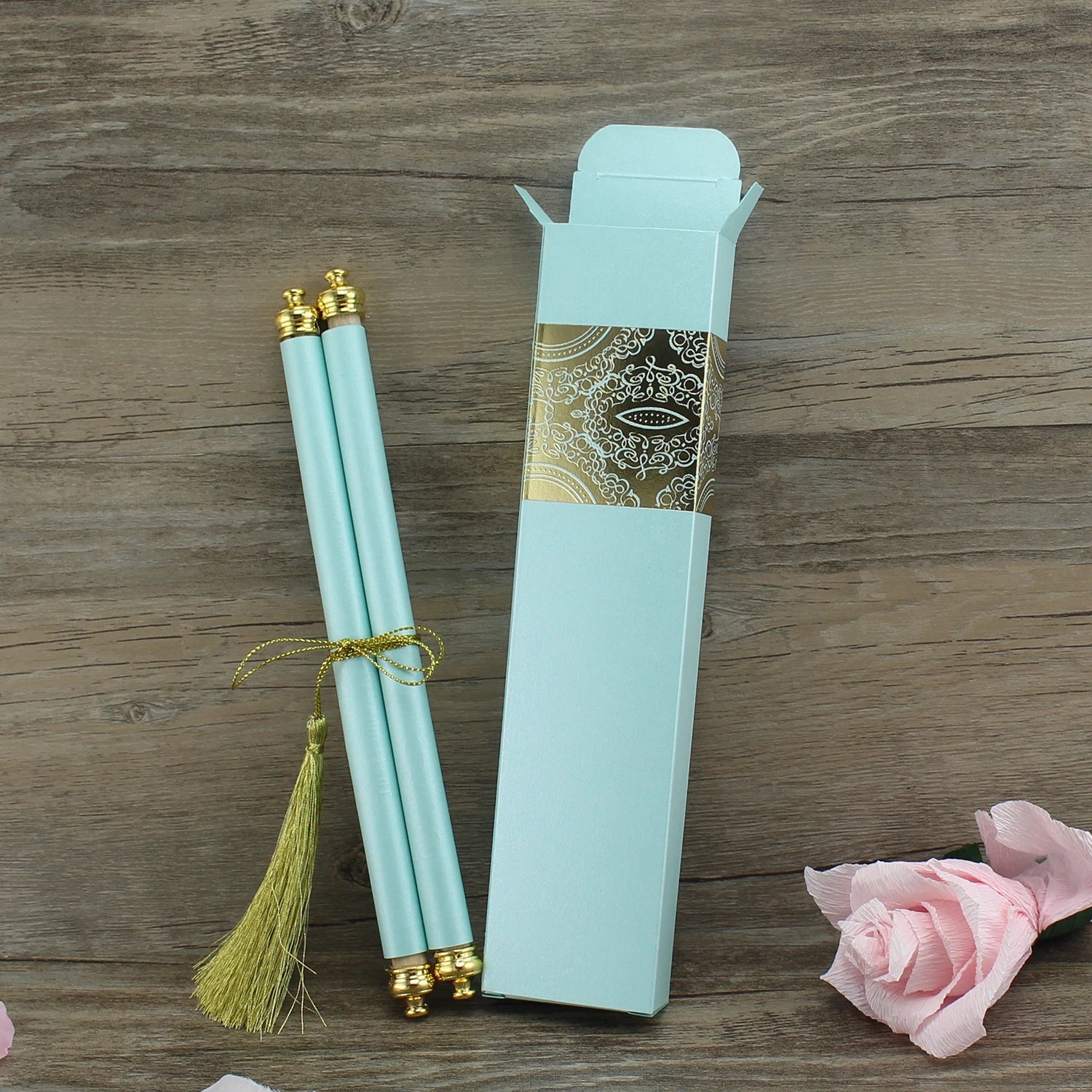 Single-sided Hot Stamping Scroll Invitation Matching Paper Box Custom Sky Blue Menu Cards for Wedding and Birthday