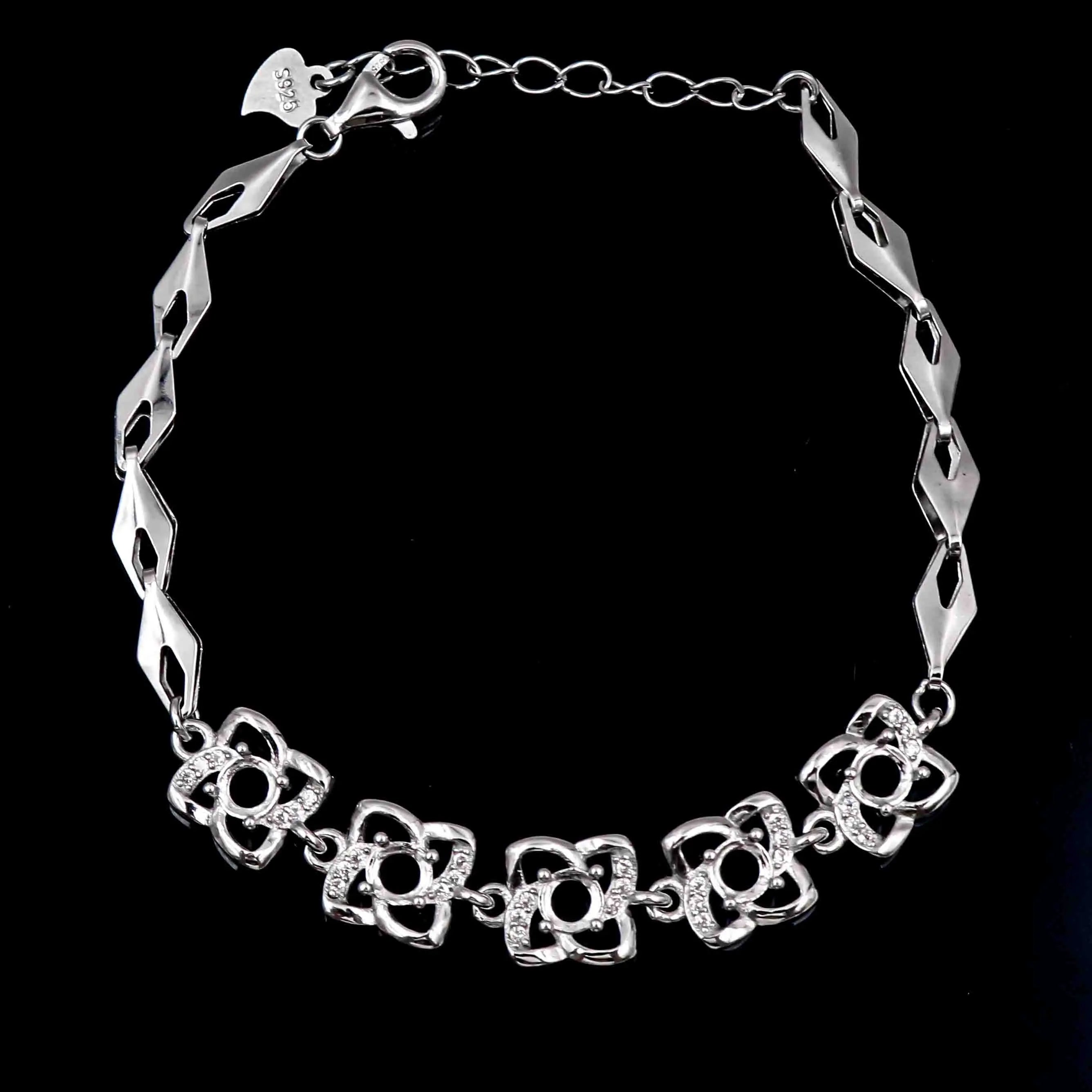 Sterling Silver 4*4mm Semi Mount Bracelet Empty Support Blank Claws Setting S925 Base Holder Without Center Stone Inlay for DIY