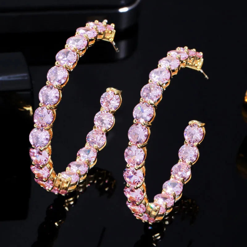Gorgeous 18K Gold Plated Pink Round Cubic Zirconia Big Circle CZ Hoop Earrings for Women Wedding Party Prom Bridal Jewelry Gift