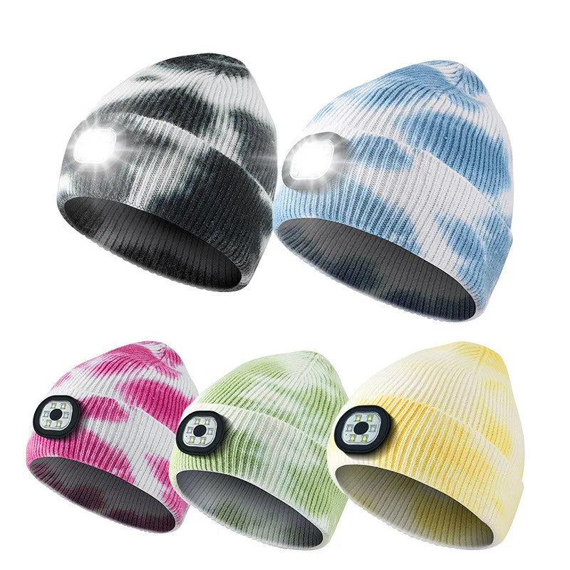 Winter Tie-dye  LED Headlamp Lighting Night Fishing Ski Beanie USB Led Knitted Beanie Hat for Women Men