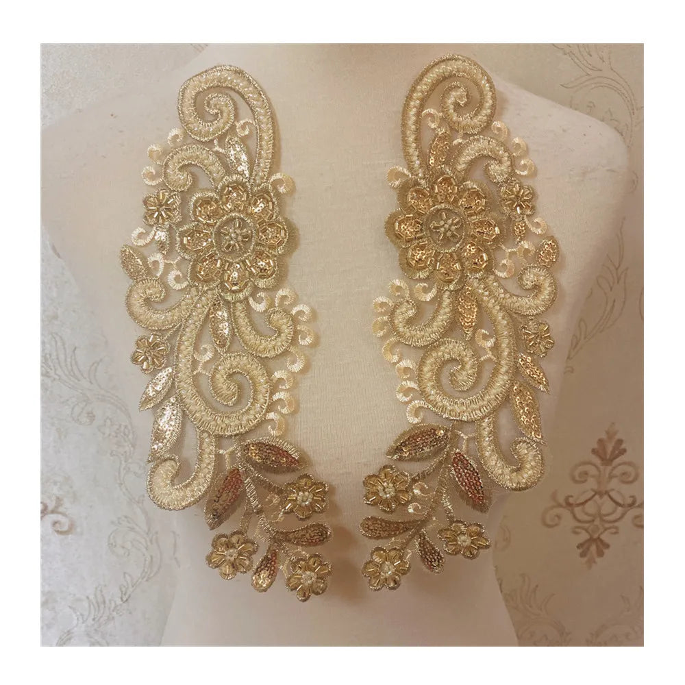 Embroidery Beaded Flower Pair Polyester  DIY Accessories Bridal Wedding Dress Applique Patches