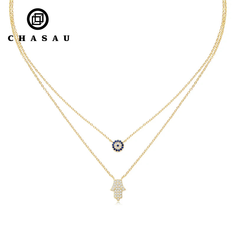 Fast Delivery 925 Sterling Silver Religion Round Cut Gold Plated Cubic Zirconia Women Eye CZ Double Link Chain Pendant Necklace