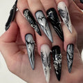 24 Pcs Dark Edgy Hearts and Butterflies Design Long Stiletto Shape Nail Art Acrylic Press on Nails Artificial Fingernails 3340