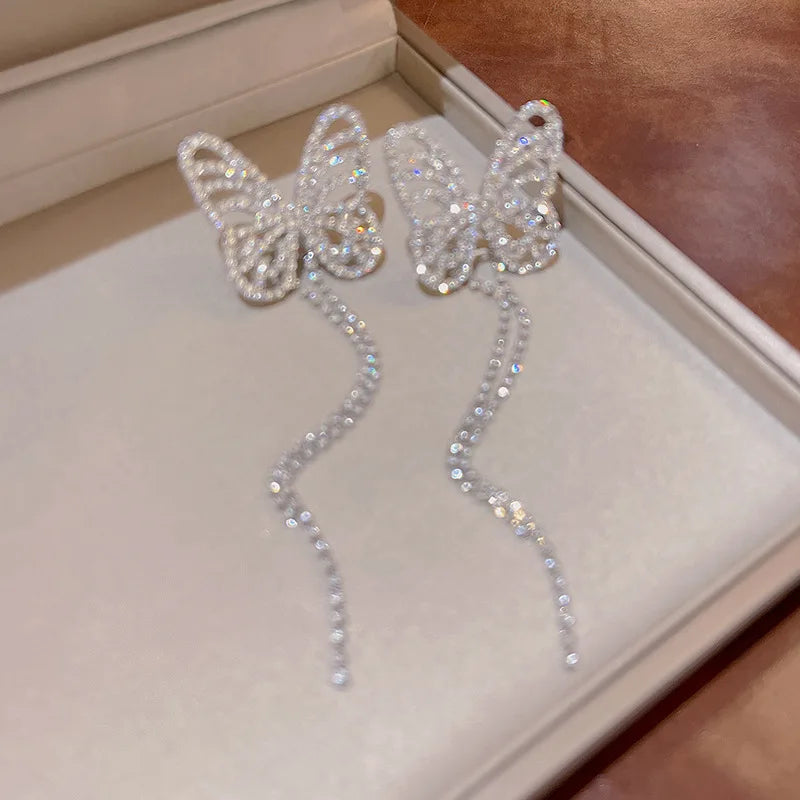 925 Silver Needle Full Diamond Tassel Bow Dangle Earrings Female Exaggeration Earrings Substitute Boho Jewelry Drop Shipping