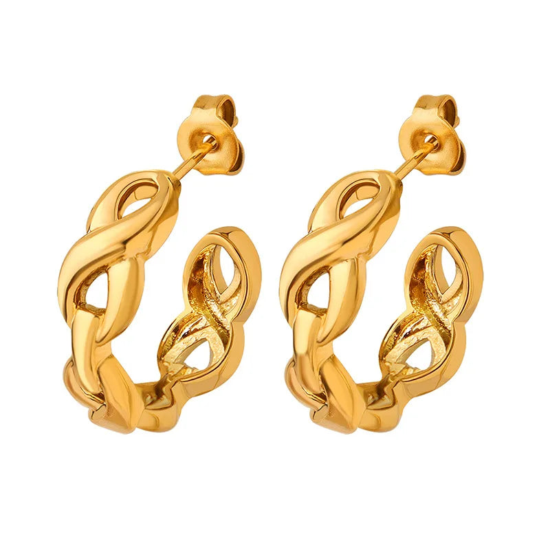 French Romantic Hollowed Out Fried Dough Twists C-shaped 8-Word Cross Earrings Stainless Steel Gold Plated Jewelry for Girls
