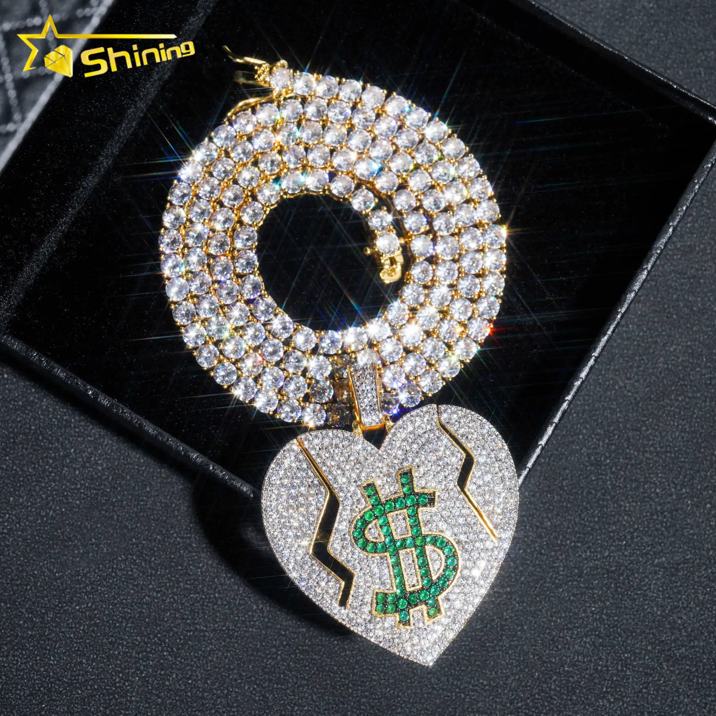 Custom Iced Out Hiphop Jewelry Unisex Dollar Design Heart Shape Pendant 18k Gold Plated Brass Charm Pendant with Tennis Necklace