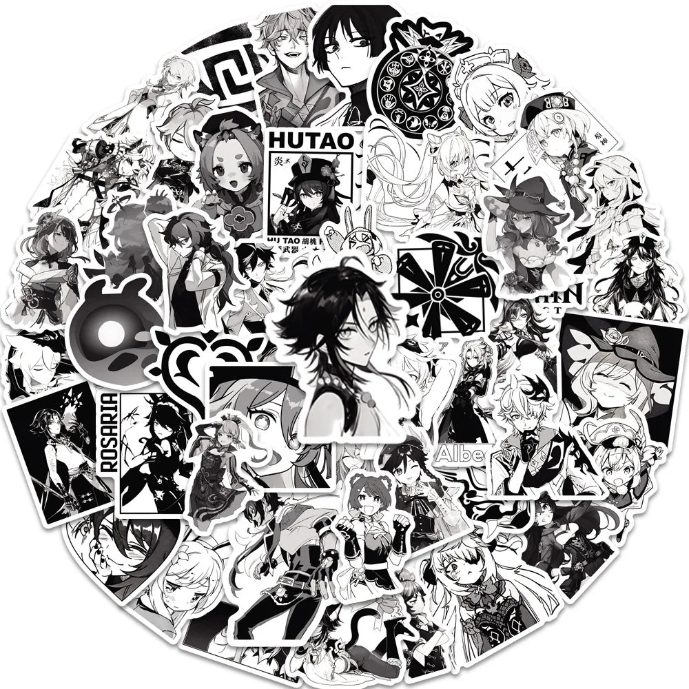 50Pcs Cartoon Black White Genshin Impact Game Graffiti Stickers for Laptop Phone Vinyl Hutao Cute Girl Sticker