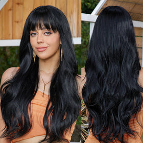 Long Body Wave Synthetic Wigs with Bangs Black Natural Loose Curly Wavy Wig for White Women Heat Resistant Daily Cosplay Party