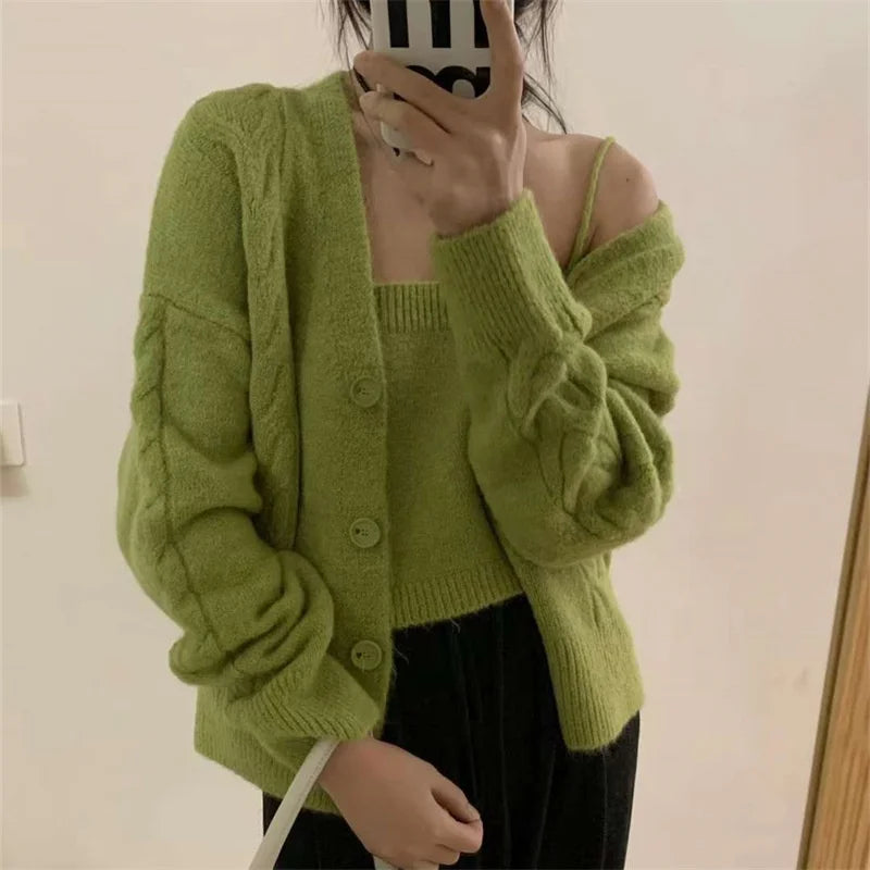 CIS Women's Fashion 2-Piece Set Spaghetti Strap Knit Vest and Embroidered Mohair Cardigan Winter Sweater Set