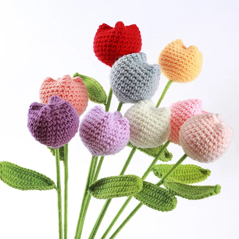 Handmade Simulation Woven Artificial Fake Flowers Bouquet Simulated Eternal Thread Tulip Knitted Flower