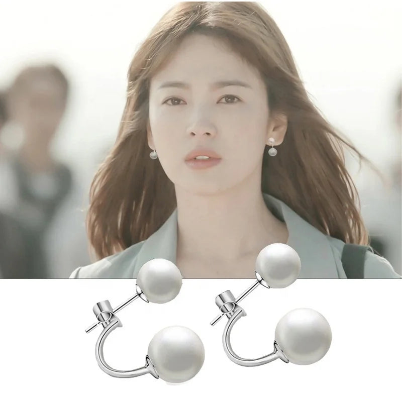 Fashion Korean Style Drop Earring Double Duty Stainless Steel Pole Round Imitation Pearl Beads Ear Stud