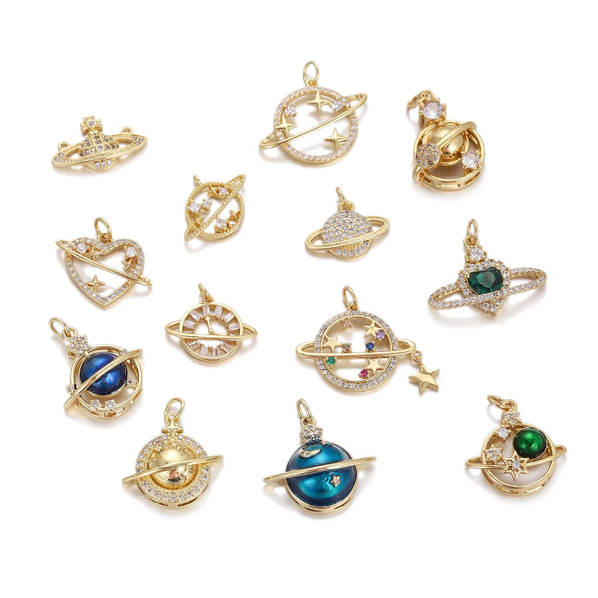 Fashion Galaxy Planet Gold Plated Green Blue Colour Zircon Charms Pendants for DIY Necklace Bracelet Jewelry Supplies