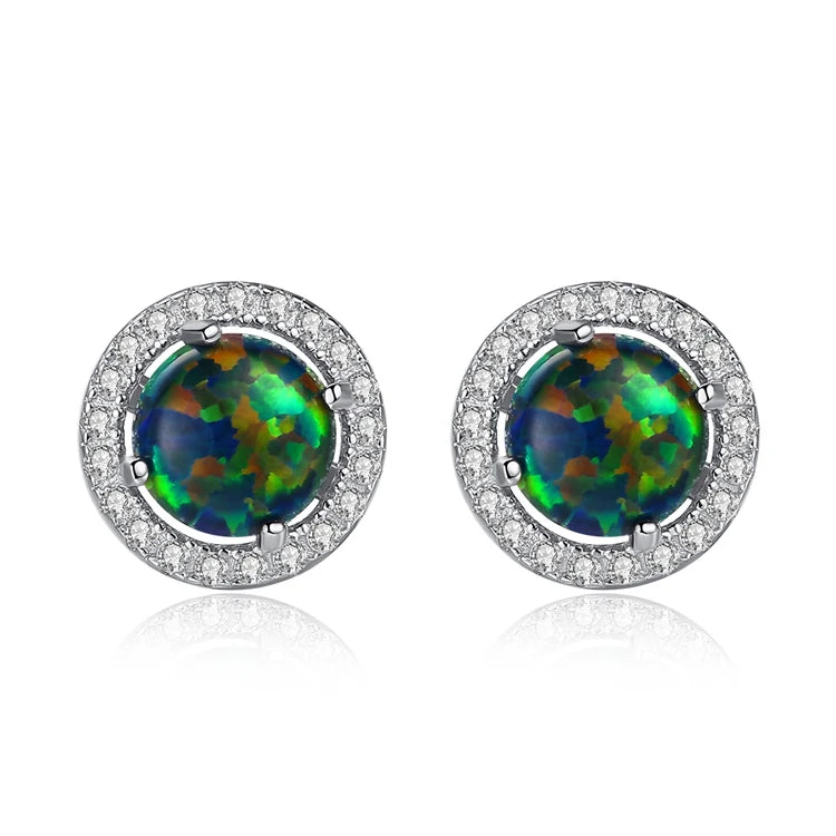 Fine Jewelry 925 Sterling Silver Round Shape Natural Opal Zircons Stud Earrings for Women Girls