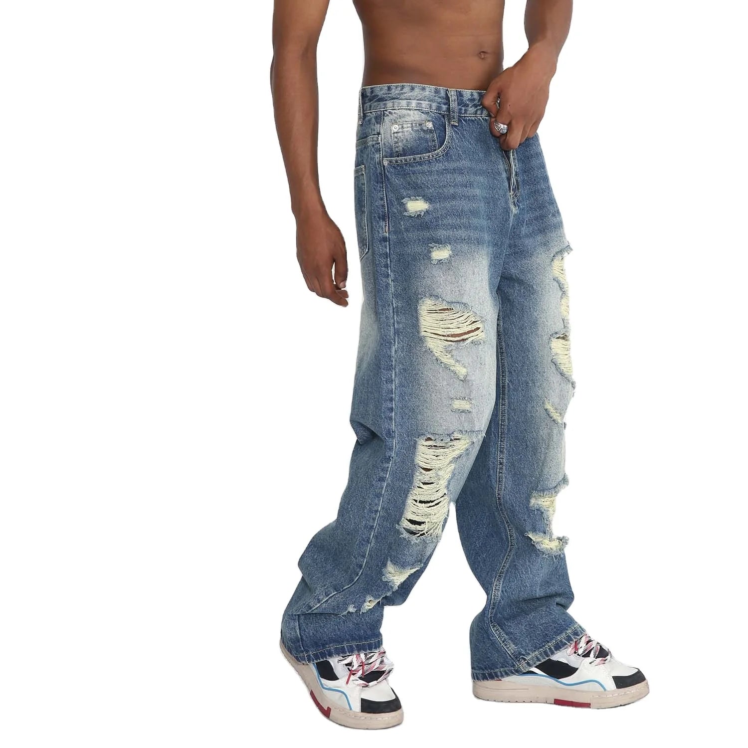 2024 Quality Cargo Jean Wholesale Blue Washed Jeans Side Pocket Design Jeans Pants for Man