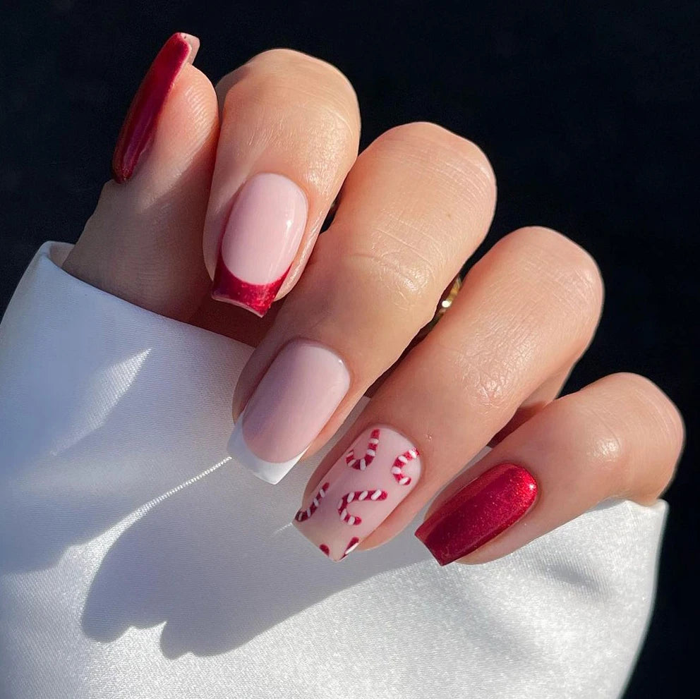 Custom Design Short Square Luxury Acrylic Press on Nails En Gel Wholesale Soft Gel Red French Tip Christmas Press on Nails Set