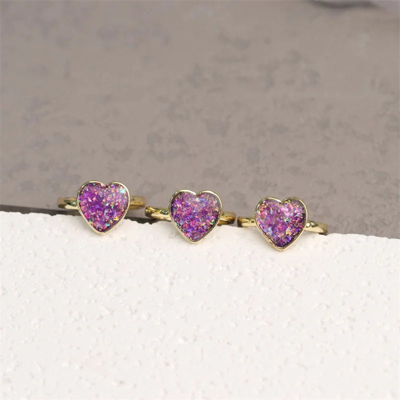 Wholesale Romantic Gold Plated Dreamy Color Light Violet Red Shine Imitated Opal Heart Shape Open Adjustable Finger Rings
