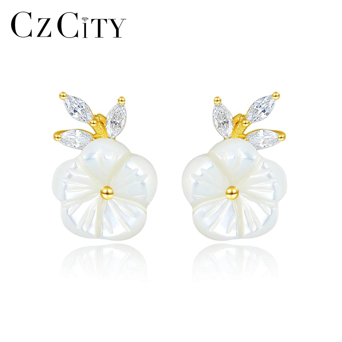 CZCITY Shell Flower Sterling Silver Earring Stud Women Fashion Earrings Wholesale 14K Gold Plated