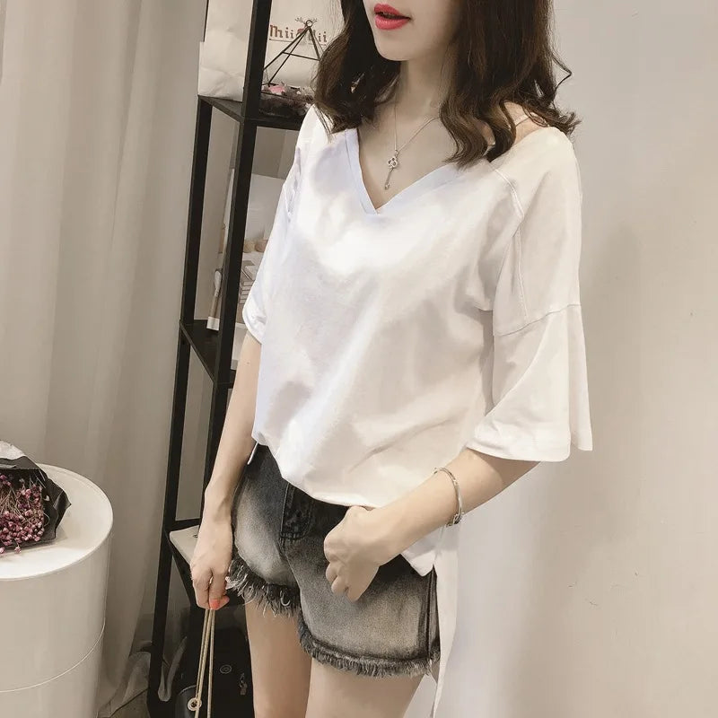 Wholesale 2021 Summer New Solid Color Plus Size Women's Loose V-neck Strap Short-Sleeved T-shirt Ladies Top Trend