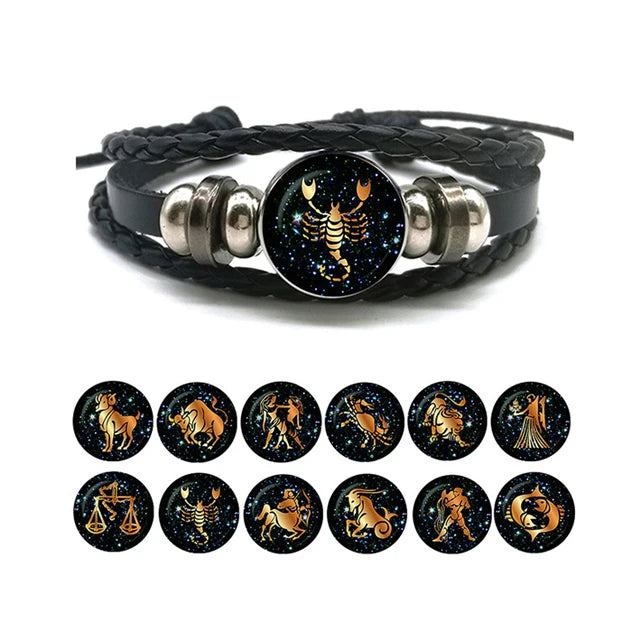 Fashion 12 Zodiac Signs Leather Braided Rope Bracelet for Women