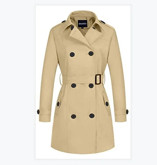 ALIKE Women's Spring Long Waterproof Double-Breasted Canvas Trench Coat with Polyester Lining Slim Fit and Belt