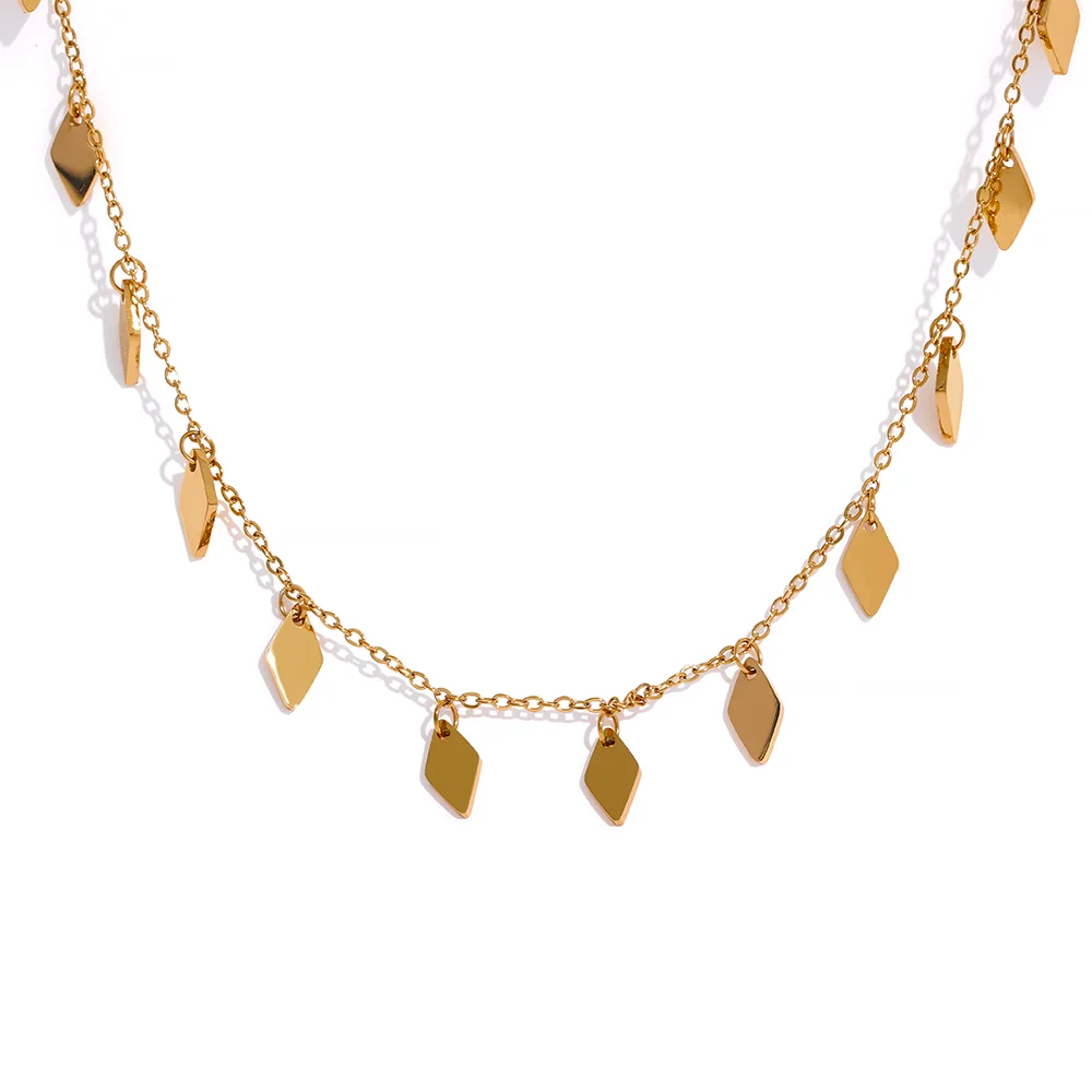 JINYOU 1185 Statement Rhombus Chain Drop Stainless Steel Waterproof Collar Necklace for Women Gold Color Charm Chic Jewelry
