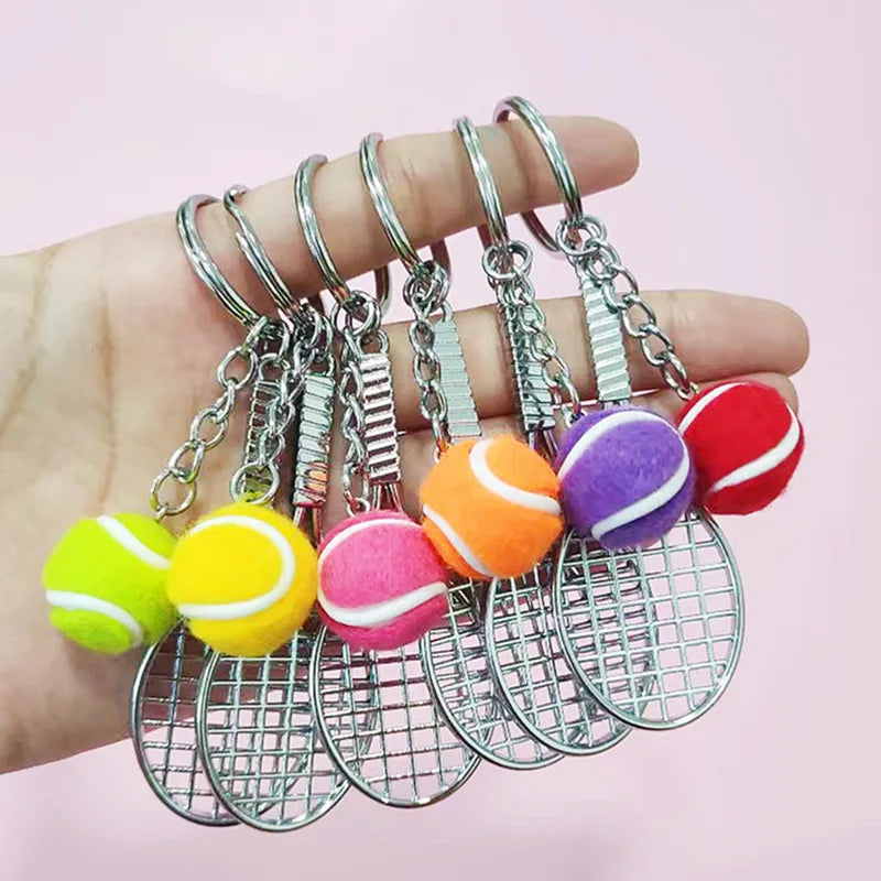 Lovely Promotional Gift Metal Racket 3D Mini Tennis Ball Keychain Accessories for Key Bag