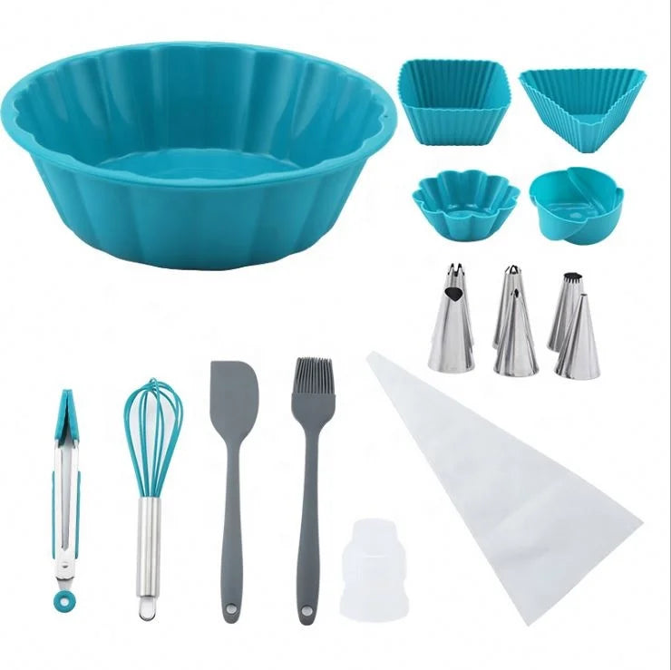 Hot Selling Baking Tools and Supplies Blue Edible Grade Silicone Cake Mold Fondant 17 Piece Set Kitchen Utensils