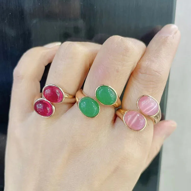 RN1065 Chic Trendy 18k Gold Plated Brass Bezel Multi Colored Single Double Cat's Eye Stone Gemstone Cuff Rings