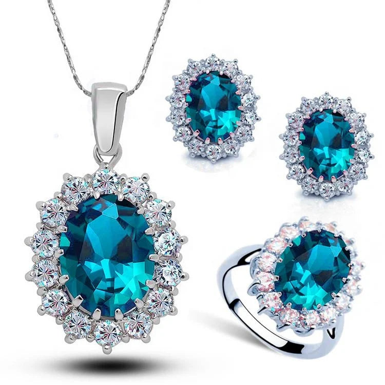 2022 New Arrival Women Multi Colors Silver Plated Brass Crystal Blue Cubic Zircon Pendant Necklace Jewelry Sets