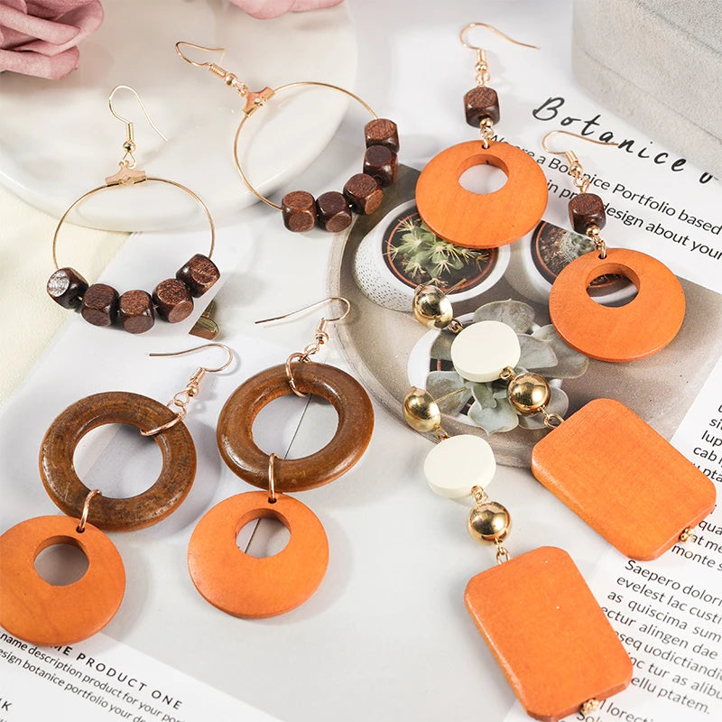 HOVANCI Wooden Earrings African Women Bulk Bohemian Pendant Dangle Lightweight Wood Earrings for Women