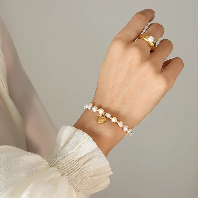 Stainless Steel Freshwater Pearl Jewelry 18k Gold Plated Heart Pendant Steel Bead Chain Bangles Bracelets