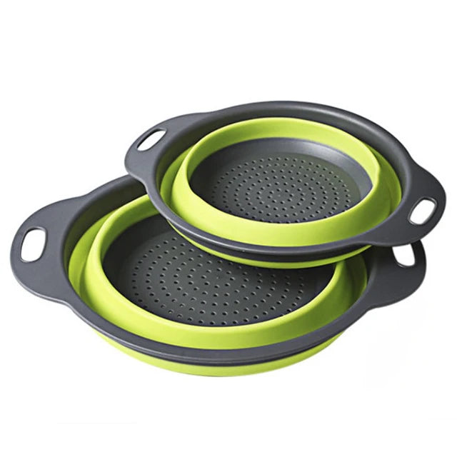 2-Pack Eco-Friendly Foldable Silicone Kitchen Colander Set Collapsible Strainer Basket Handle Food Grade Plastic/PP Material