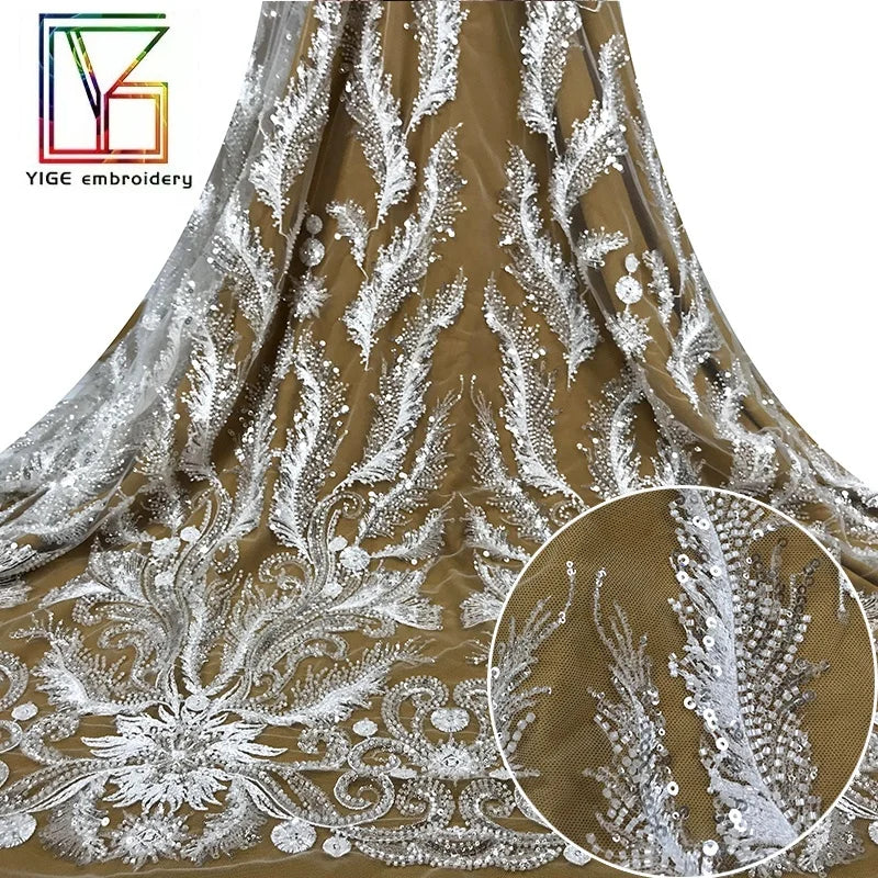 Fashion New Pattern White Bridal Net Fabrics With Beads and Sequins Net Embroidery Lace for Wedding Dress
