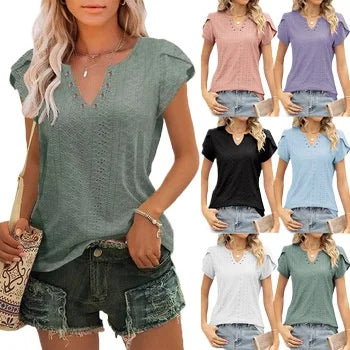 Fashionable V Collar Button Hollow Short Sleeve Loose Women's Tshirt For Wholesale Summer Wardrobe