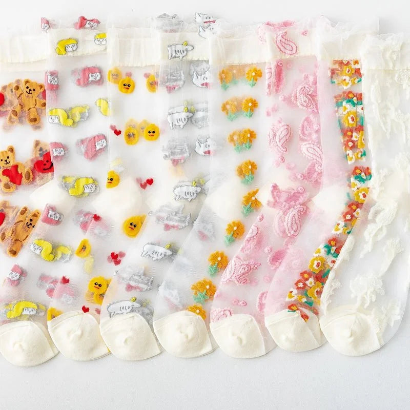 Wholesale Summer Novelty Cartoon Thin Mesh Socks Fashion Transparent Glass Sheer Socks for Women