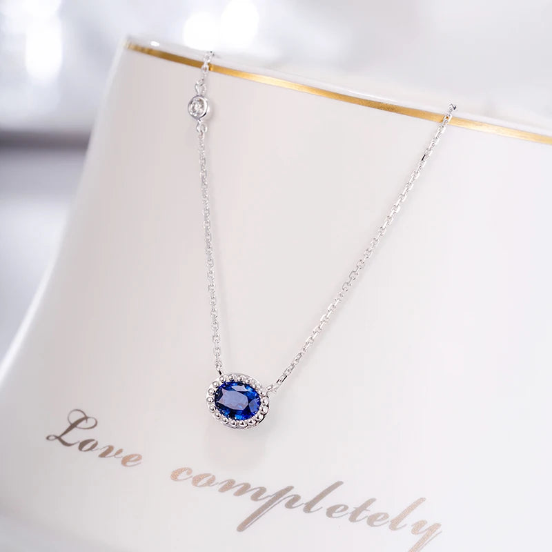 Fine Jewelry 18k Gold Small Oval Shape Natural Blue Sapphire Pendant Necklace