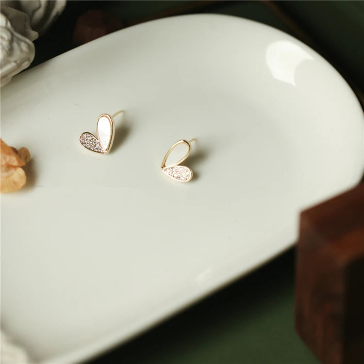 14K Gold Plating Girls Simple Design Silver Heart Shaped Stud Earrings