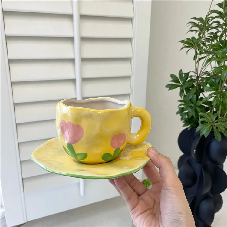 Vintage 200ml Yellow Tulip Ceramic Coffee Cup and Saucer with Hand Pinch Design