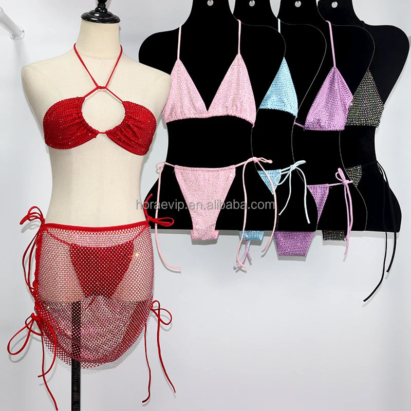 S573 Rhinestone Swimwear Glitter Crystal Bikini Erotic Beach Party Trendy Set Club Outfits