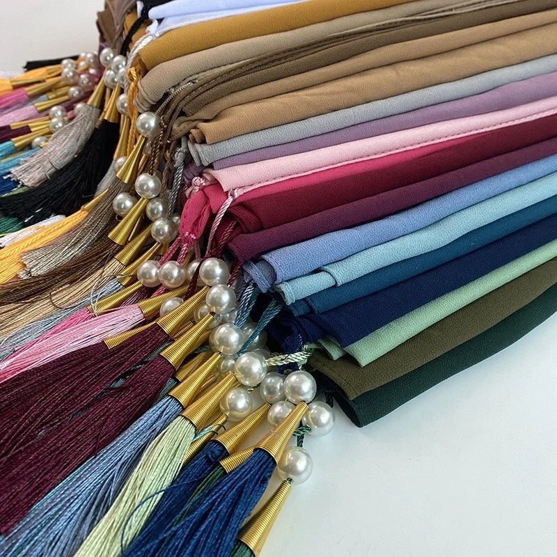 Designer Bubble Chiffon Plain Color Scarf Long Soft Wrap Scarf Shawl  Beaded Pearls Hijabs Tassel Scarf