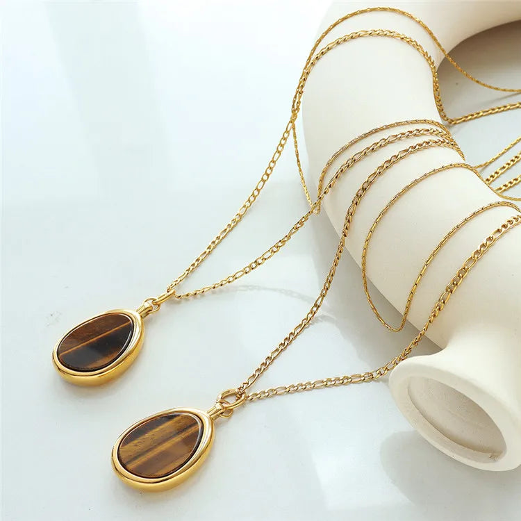 Manufacture Women'S Fashion Minimalist Jewelry Natural Tiger Eye Stone Double Layer Necklace for Sweater Chain Accessories