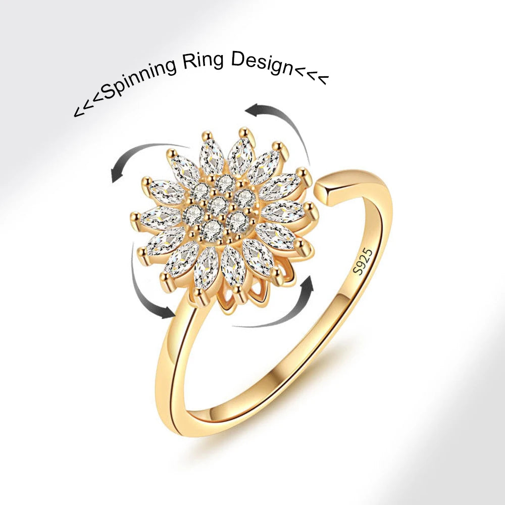 925 Sterling Silver Adjustable Open Fine Ring Stylish Sunflower Design with Spinning Zirconia Comfortable Anti-Anxiety Jewelry