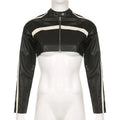 Autumn Trendy Fashion Black White Crop Leather Jacket Women Zipper Cropped Motorcycle Racing Jacket